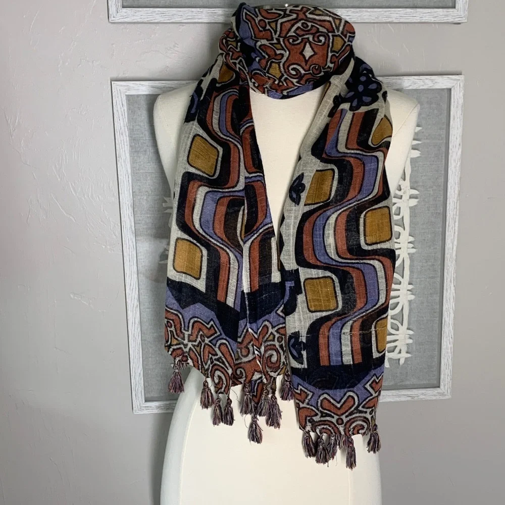 J McLaughlin tribal print scarf black, cream, yellow, blue, and rust